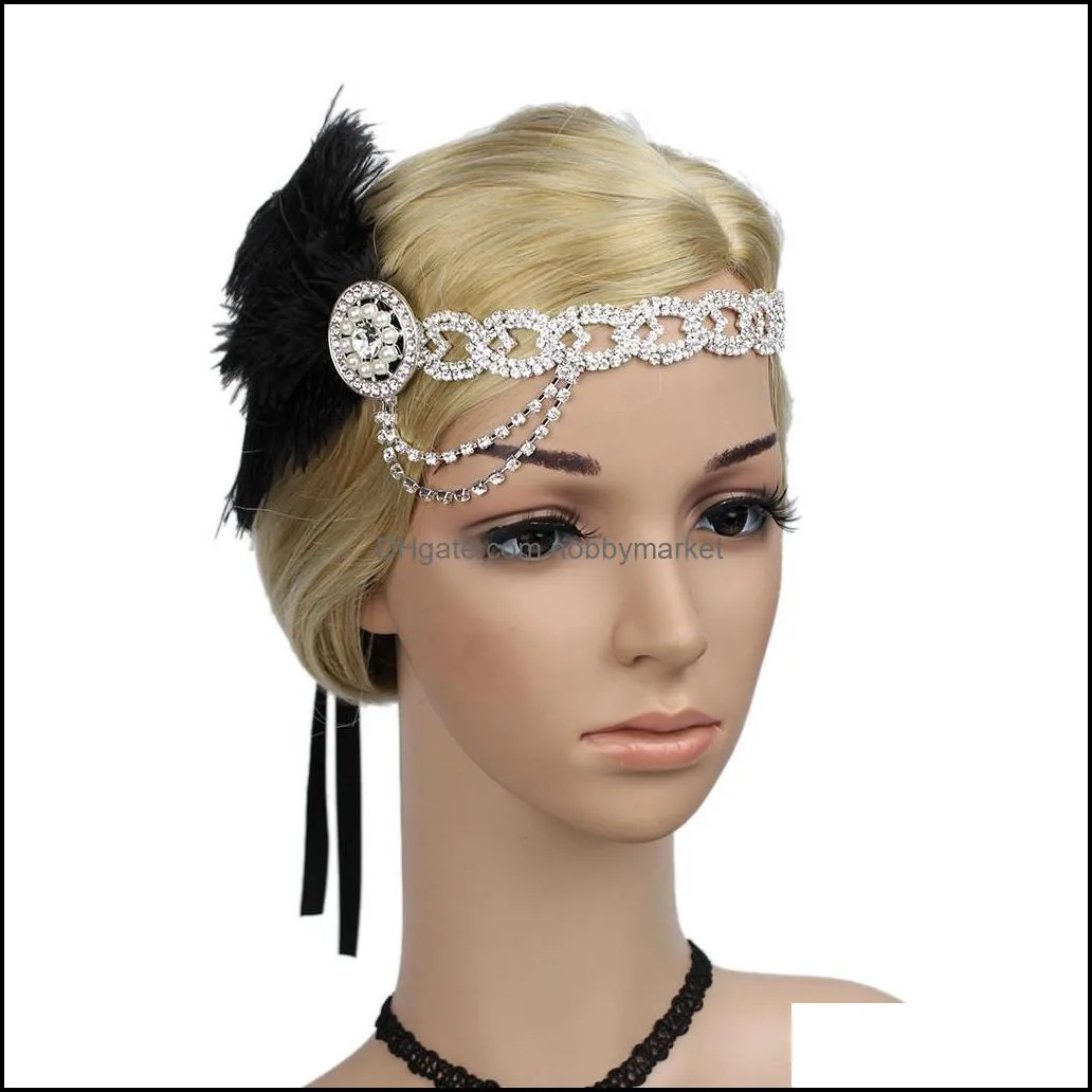Women Elegant Fascinators Headband Pearl Rhinestones Hair vintage Ladies Strap Flower Feather Party Hair Clip Headband Accessory