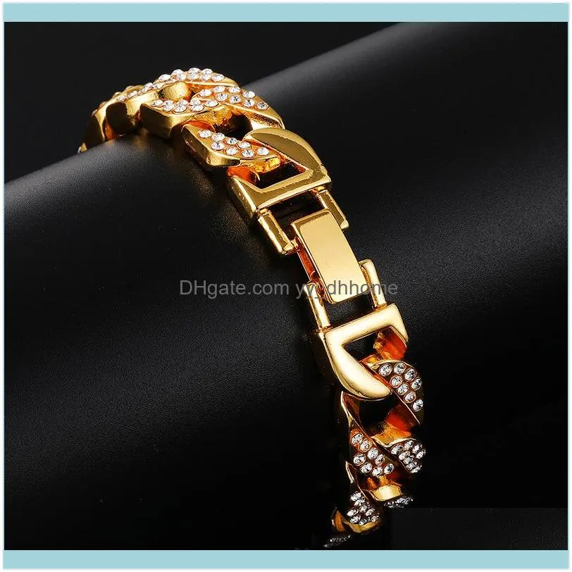 Link, Chain US7 Iced Out  Curb Cuban Bracelets For Men Micro Crystal Link Gold Silver Color Bracelet Hip Hop Rapper Jewelry