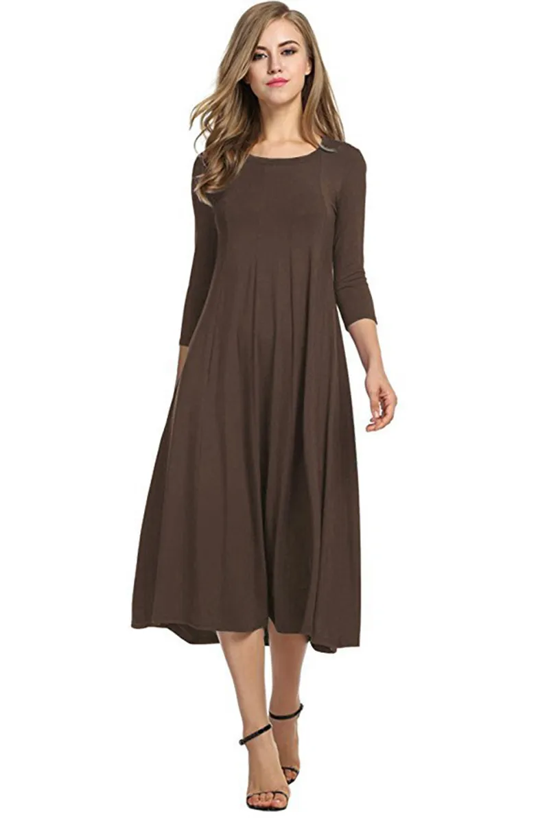 Trois quarts manches robes décontractées pour les femmes automne plissé élégant O cou fête Femme Robe grande taille Robe mi-longue