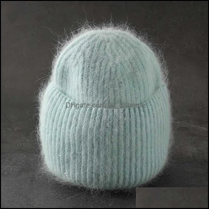 Rabbit Fur Fluffy Soft Winter Hat for Women Cashmere Wool Cap Female Knitted Skullies Beanies Warm Knit Hat Bonnet Wholesale 211228