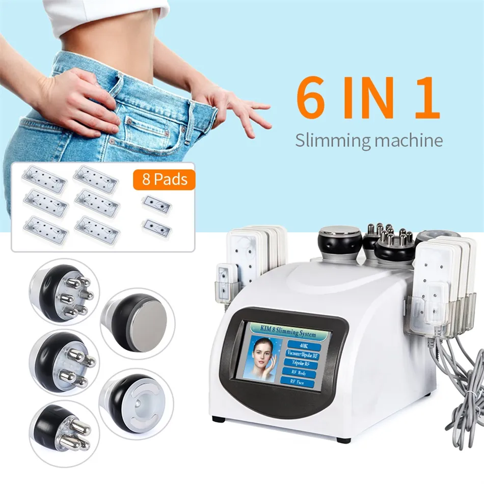 Portabel 6 i 1 40K Ultraljudskavitation Slimming Vakuum Pressoterapi RF 8 Kuddar Burn Laser Lipo Diode llllt Viktminskning Spa Body Shaping Machine