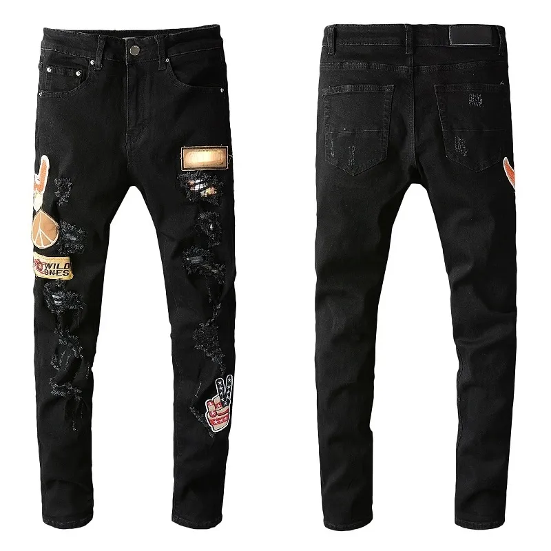 Mens Jeans Skinny Distress Ripped Destreyed Stretch Biker Denim Slim Fit Hip Hop Byxor För Män Storlek 28-40 Toppkvalitet