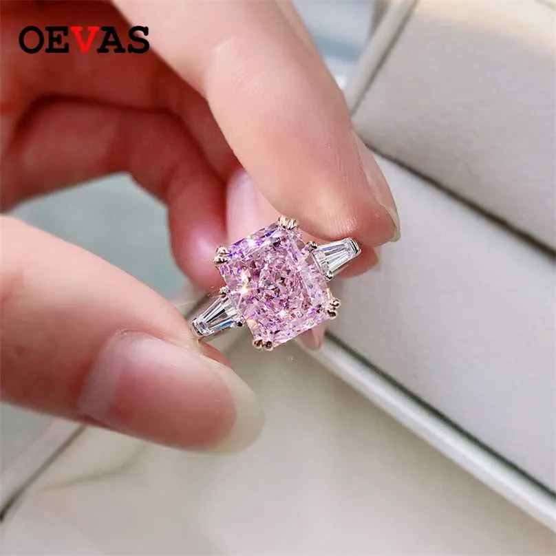 OEVAS 100% 925 Sterling Silver Sparkling 2 Carat Square Pink High Carbon Diamond Wedding Rings For Women Party Fine Jewelry Gift 211217