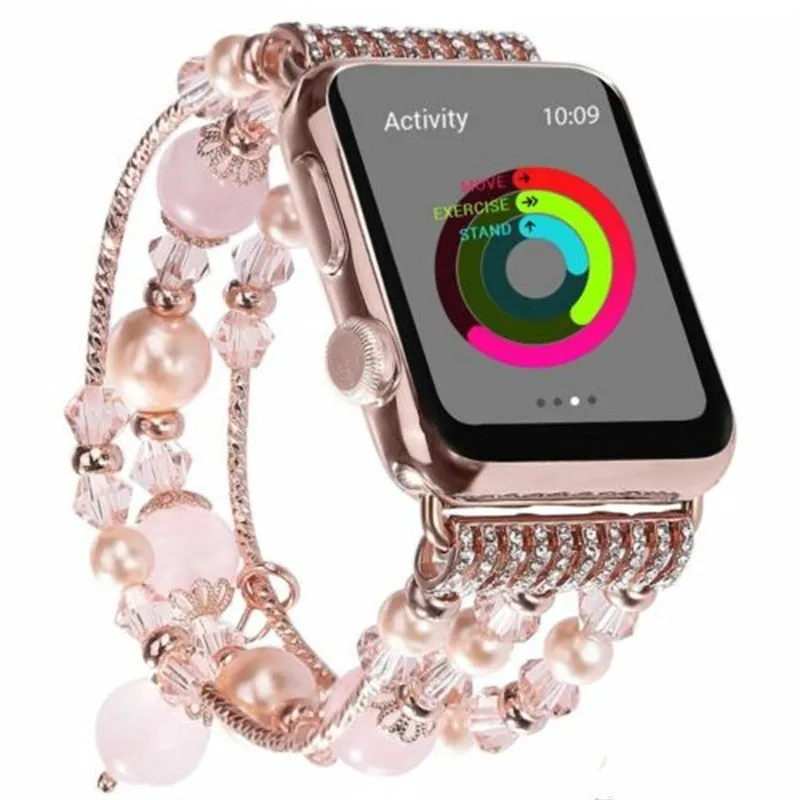 Femme Mode Diamant Bracelet Smart Straps WatchBands pour Apple Watch 7 6 Bracelet en acier inoxydable pour Iwatch 38mm 42mm 41mm 45mm Perle artificielle watchBand Connector