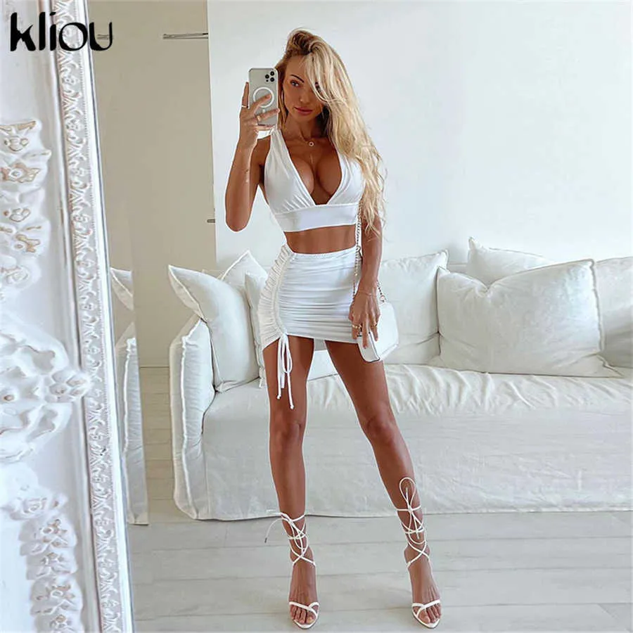 Kliou Solid Bandage DString Twee Stuks Set voor Damesmode Sleevelv-hals Sexy Top + Schede Lint Clubwear Outfit X0709