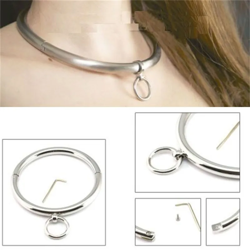 Collare da schiavo in metallo con chiusura a chiave in acciaio inossidabile Chiave esagonale Restraint Bondage Locking Choker Collana O-ring BDSM Game Toy 210722337M