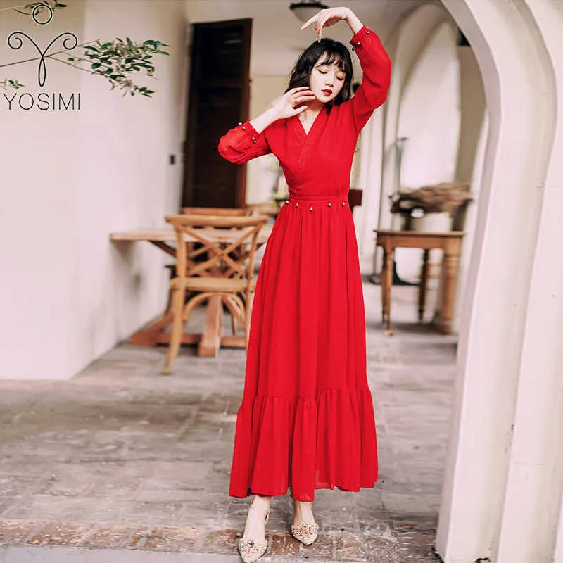 YOSIMI Red Long Dress Summer Maxi Chiffon per Desert Travel Fasciatura alla caviglia Party es 210604
