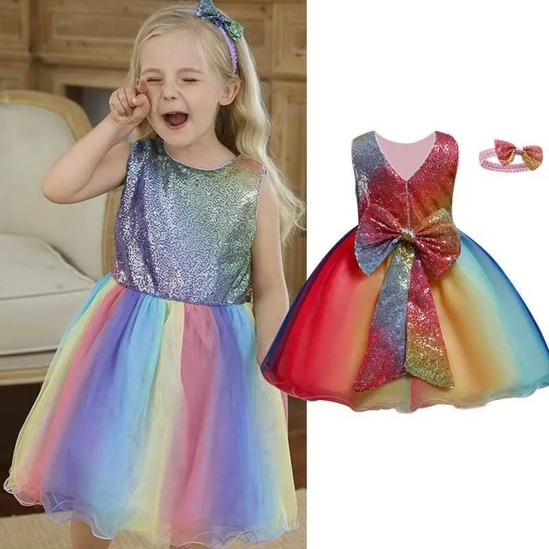 Kid jurk voor meisje fonkeling tutu regenboog jurk eerste verjaardag outfits prom baljurk zuigeling causale kostuum pasgeboren meisje kleding q0716