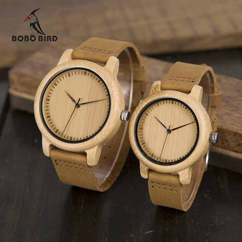 BOBO BIRD Lovers' Watche Relogio Feminino Bois de Bambou Hommes Montre Bande de Cuir À La Main Quartz Montre-Bracelet Erkek Kol Saati 210616