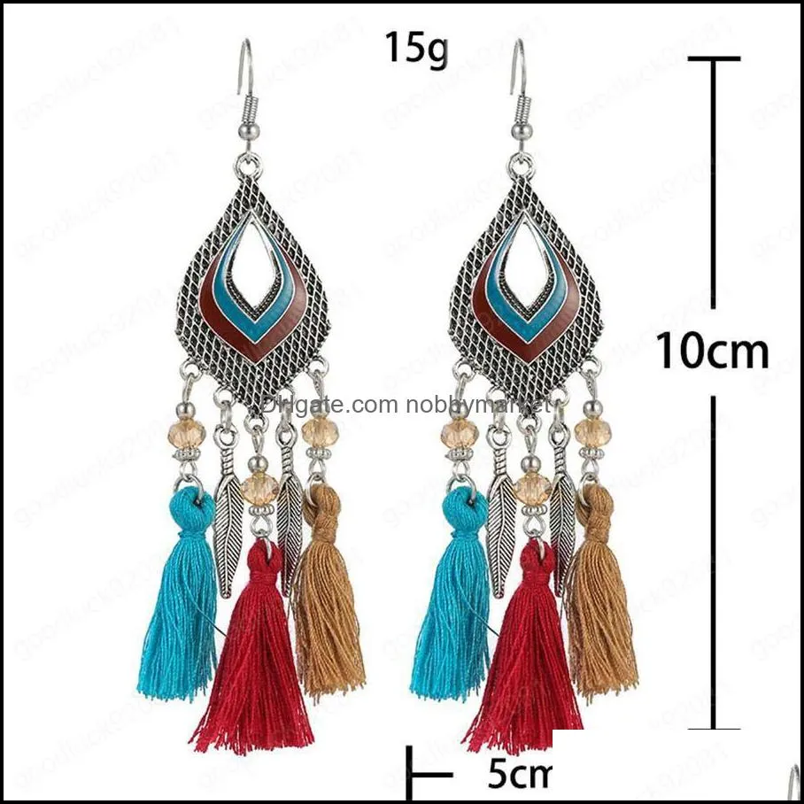 Retro hollow water drop crystal tassel rice beads long earrings female European and American ethnic style earrings bohemian jewelry