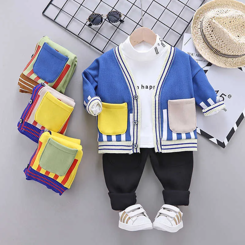 Spring Autumn Children Cotton Clothes Baby Boys v-neck Coat T Shirts Pants 3Pcs/sets Infant Kids add velvet Toddler Tracksuits X0902