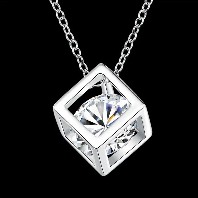 Cube zircon sterling silver plated necklace DMSN750 Size P:0.8X0.8cm; fashion 925 silver plate necklaces jewelry chain