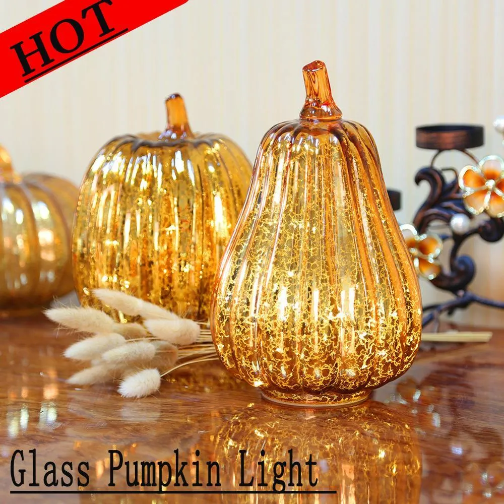 Glass Pumpkin Light LED Glowing Delicate Decorative Lamp Party Supplies for Thanksgiving Halloween Fall Decorations