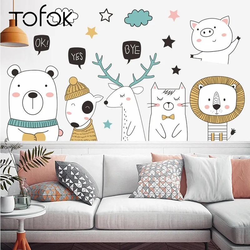 Tofok DIY Schöne Tier Bär Hirsch Wandaufkleber Hause Tür Kinder Kinderzimmer Aufkleber Wohnzimmer Sofa TV Hintergrund Dekoration 210310