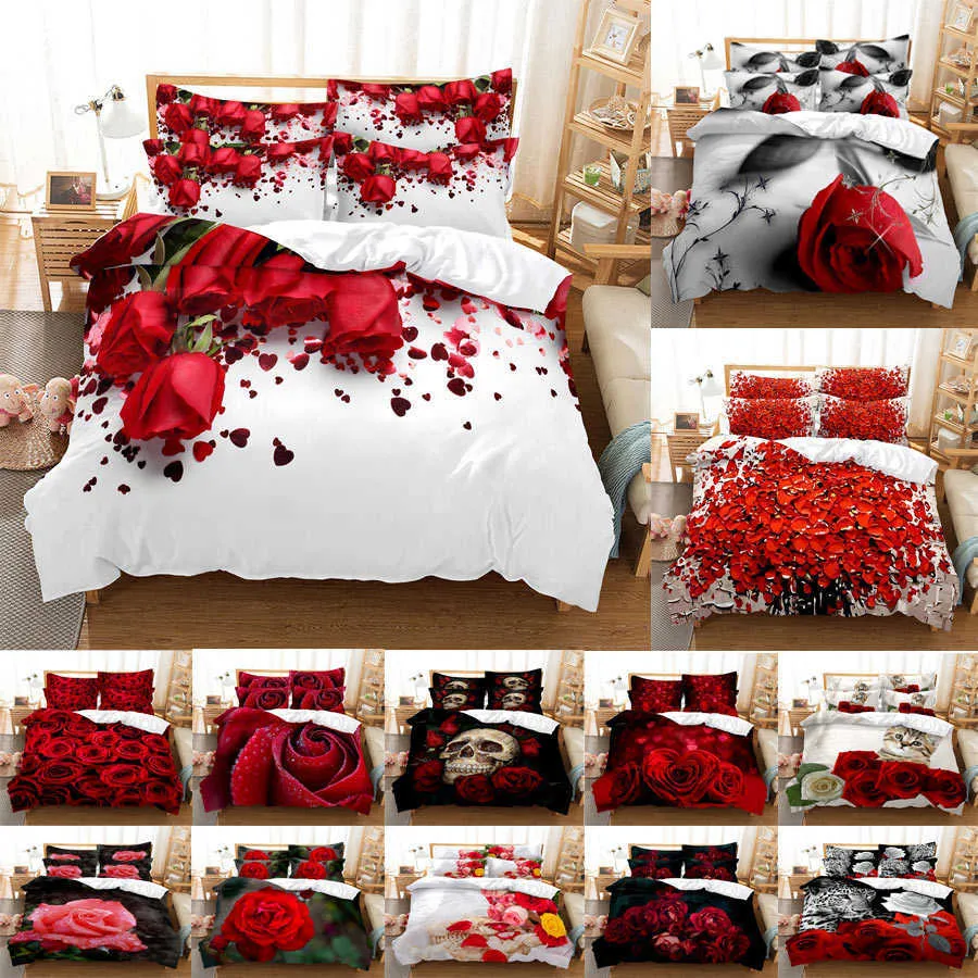 Set biancheria da letto rosa rossa Copripiumino trapunta Federa trapunta 3d HD Doppia completa Re Queen Doppia singola 3 pezzi 2 pezzi Camera da letto Flower284w