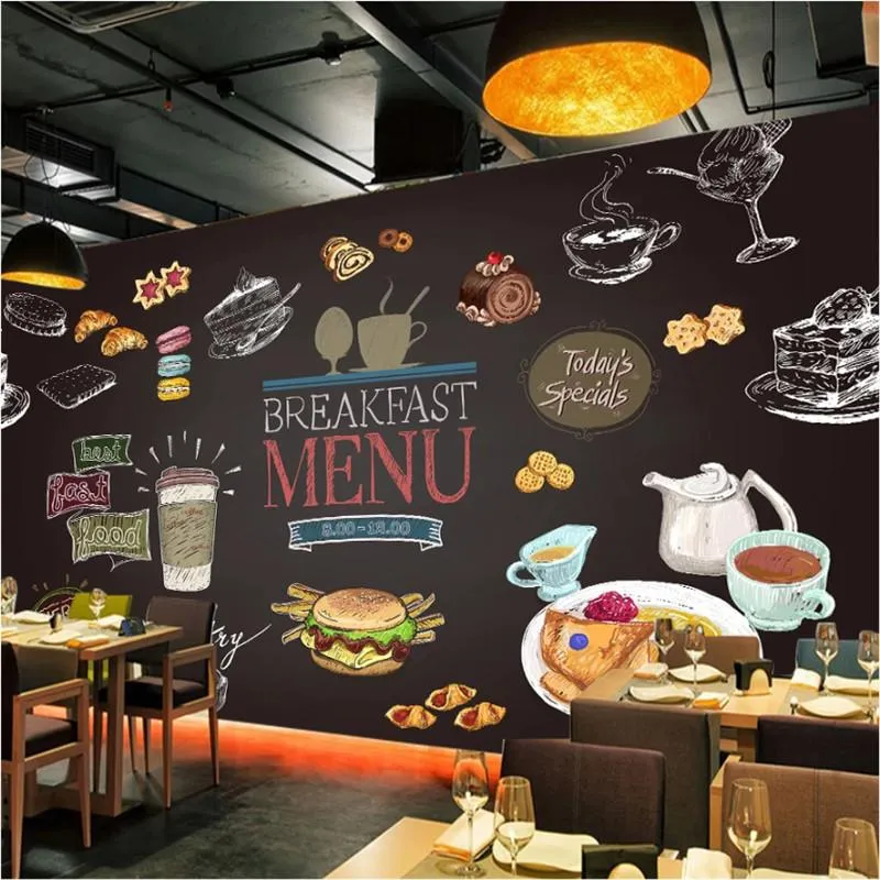 Tapeten Moderne Tafel Handgemalt Western-Stil Fast Food Frühstücksmenü Wandbild Tapeten Restaurant Industrielle Dekor Wandpapier 3D