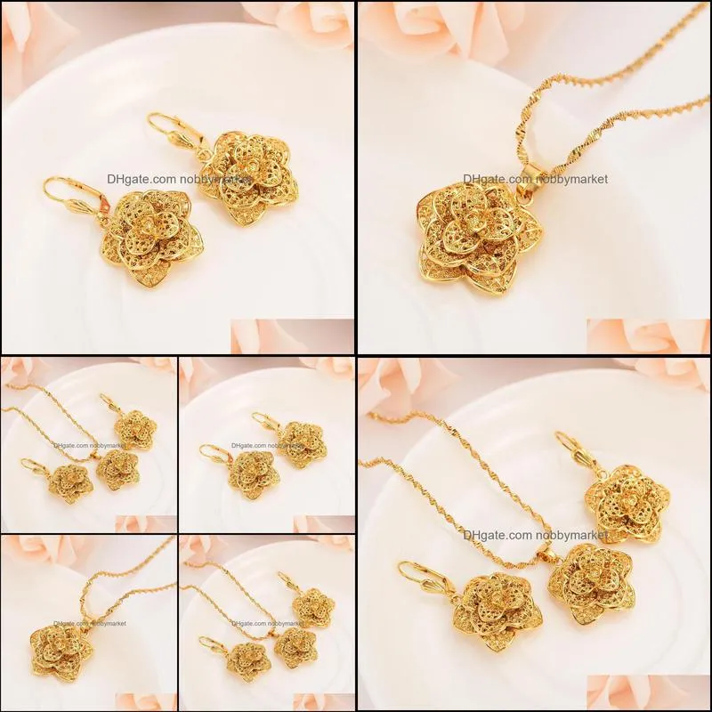 Earrings & Necklace Gold Dubai India Flower Pendant Necklaces Chain For Women Jewelry Sets Wedding Bridal Girls Christmas Gifts