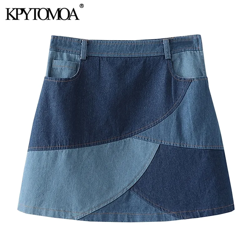 KPYTOMOA Kadınlar Chic Moda Patchwork Denim Mini Etek Vintage Yüksek Wasit Yan Fermuar Kadın Etekler Rahat Faldas Mujer 210309