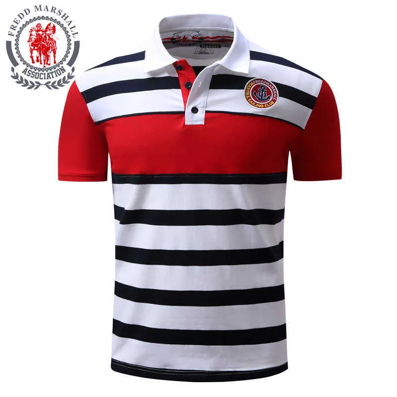 Fredd Marshall Men Polo Shirt Högkvalitativ Märke Summer Casual Striped Bomull Mäns Polo Solid Man Tröja Män Camisa FM024B 210527