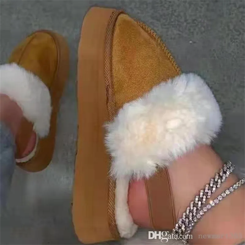 Kadın Yün Terlik Kış Yeni Moda Eğlence Ev Slaytlar Düz Alt Kürk Çevirme Katı Renk Peluş Ayakkabı