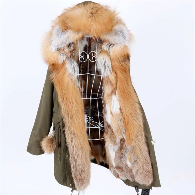 MaomaOkong Natural Real Fur Collar Coat Dames Lederen Jas Winter Wear Bomber Parka Dikke L 210928