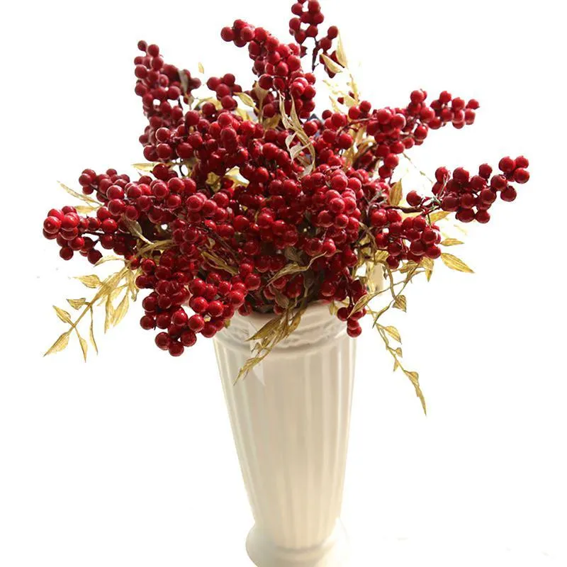 Dekorativa blommor kransar 5 grenar jul konstgjorda röda bär Holly bär träd heminredning för jul