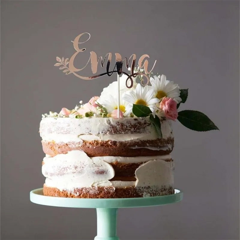 Персонализированные выгравированные торт топперы пользовательские имя с день рождения Topper Любое имя Свадебный торт Топпер декор поставляет 211216