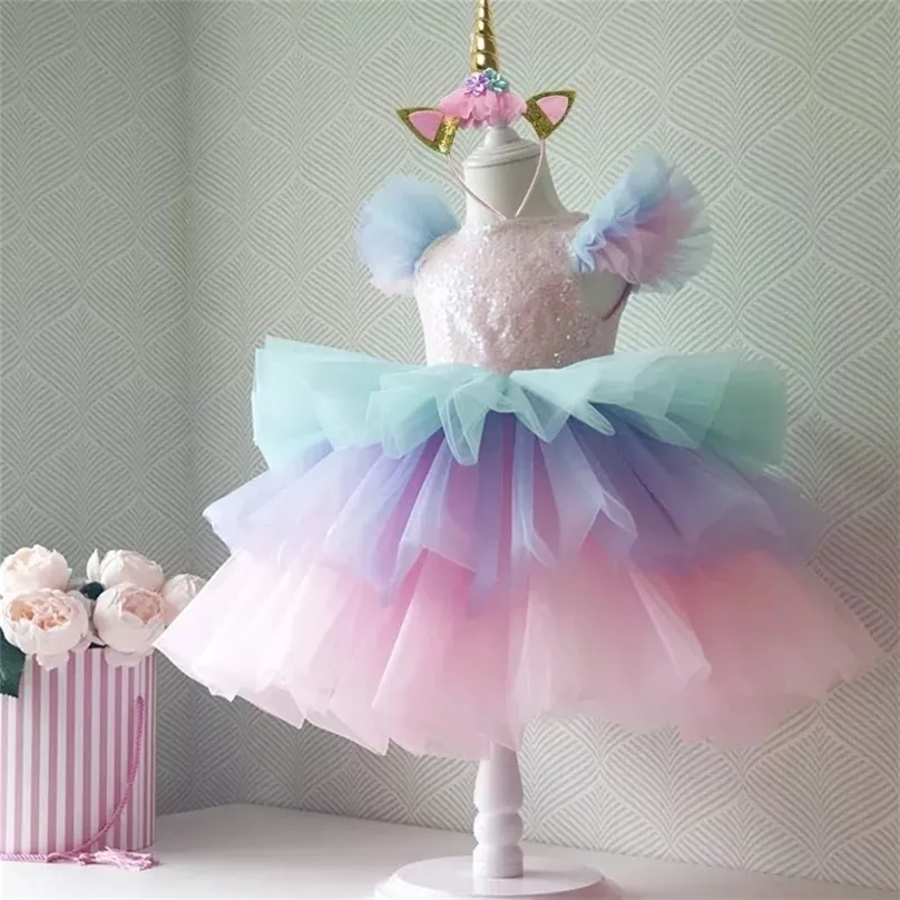Flickor Rainbow Unicorn Princess Dress Cake Lager Tutu Prom Kappa för Barn Barn Bröllopskväll Formell Party Pageant Vestidos 220211