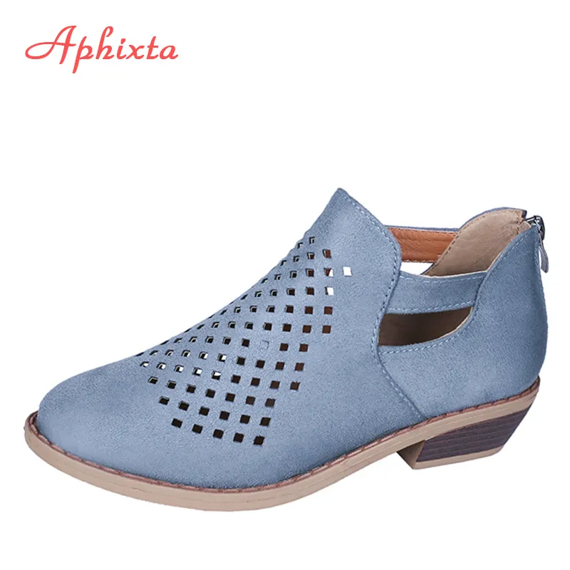 Aphixta Sommarfjäder Skor Kvinna Pumpar Peep Toe Sandals Kvinnor Zip Chunky Square Heel Ankel Booties Womans Sandaler Plus Storlek 43 J2023