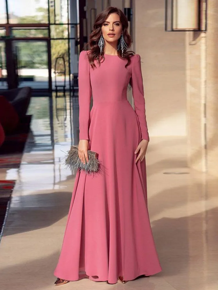 Elegante A-lijn Chiffon Avondjurken Lange Formele Prom Feestjurken met Volledige Mouw Juweel Hals Arabische Dubai Moslim Speciale Gelegenheid Maxi Jurk Plus Size