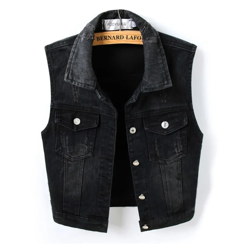 Black Sleeveless Female Jacket Korean Slim Jeans Coat Single-breasted Short Women's Denim Vest 4XL Plus Size Waistcoat Summer 210910