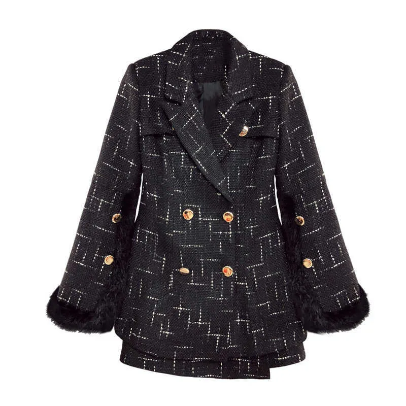 Tal vez U mujer negro Tweed botón chaqueta de piel minifalda cremallera lápiz 2 conjunto de dos piezas traje elegante invierno cuello de muesca T0048 210529
