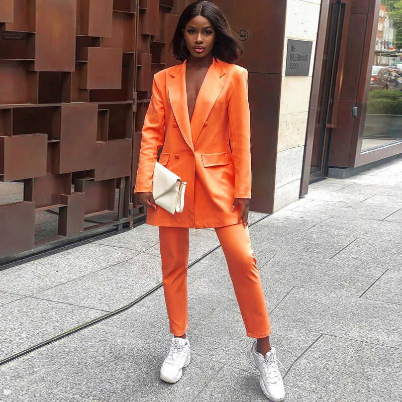 Hugcitar Long Sleeve Slim Blazer Dress Autumn Winter Women Fashion Pure Orange Streetwear Outfits Windbreak 211019