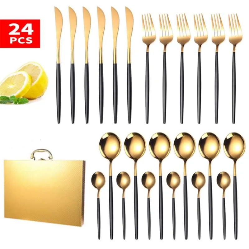 24 unids/set de cubiertos de oro negro, vajilla de lujo para el hogar, vajilla de acero inoxidable 304, cuchillo, tenedor, cuchara, servicio de cena 210928