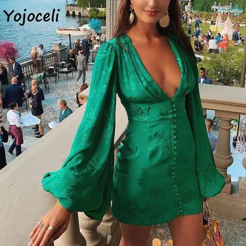 Yojoceli Sexy Party Club Knapp Jacquard Klänning Bodycon Puff Sleeve Mini Klänning Kvinna Vestidos 2019 Höst Vinter X0521