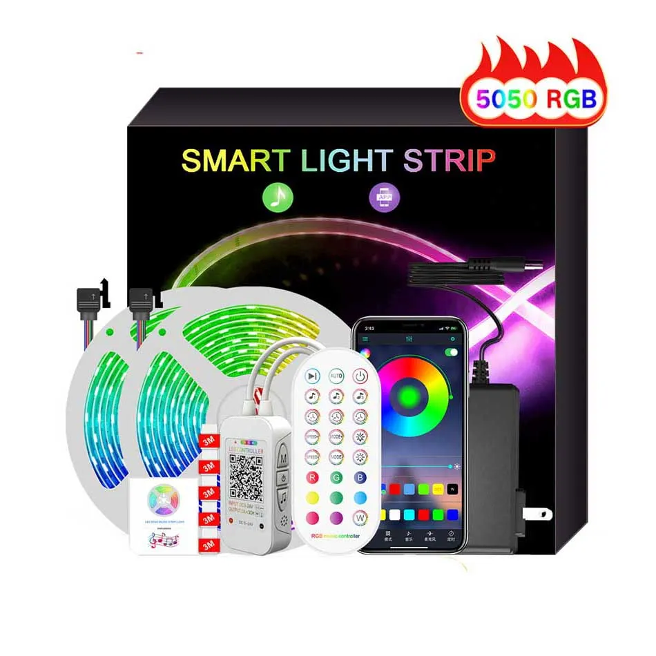 블루투스 RGB LED 스트립 조명 SMD 5050 5M-30M IP20 네온 객실 용 다이오드 테이프 DC 12V 유연한 리본 컨트롤러 스트립