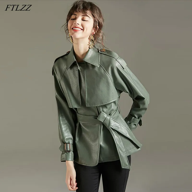 FTLZZ Spring Autumn Lapel Faux Leather Jacket Women Green PU Coat Simplicity Loose Jackets Office Lady Outwear with Belt