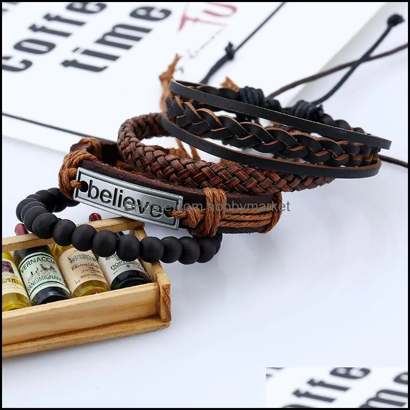 4pcs/set Mens vintage Leather Believe charm bracelet sets Braided Leather rope Black Beads chains Warp Bangle For women Fashion Punk