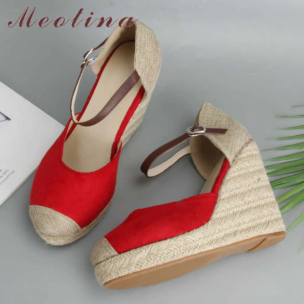 Meotina espadrille sandálias mulheres plataforma cunhas sapatos bohemia tornozelo cinta alto salto alto sandálias Dois peça vermelho azul tamanho grande 34-43 y0608