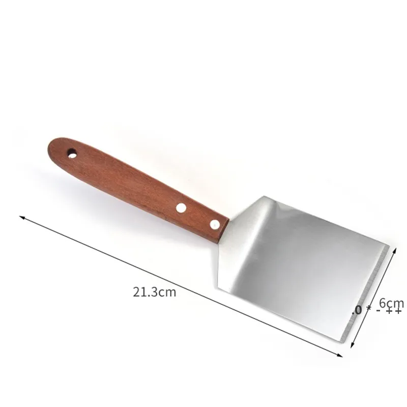 Espátula para bistec de acero inoxidable, raspador para panqueques, parrilla giratoria, pala para pizza frita con mango de madera, herramientas para barbacoa de cocina CCA12171