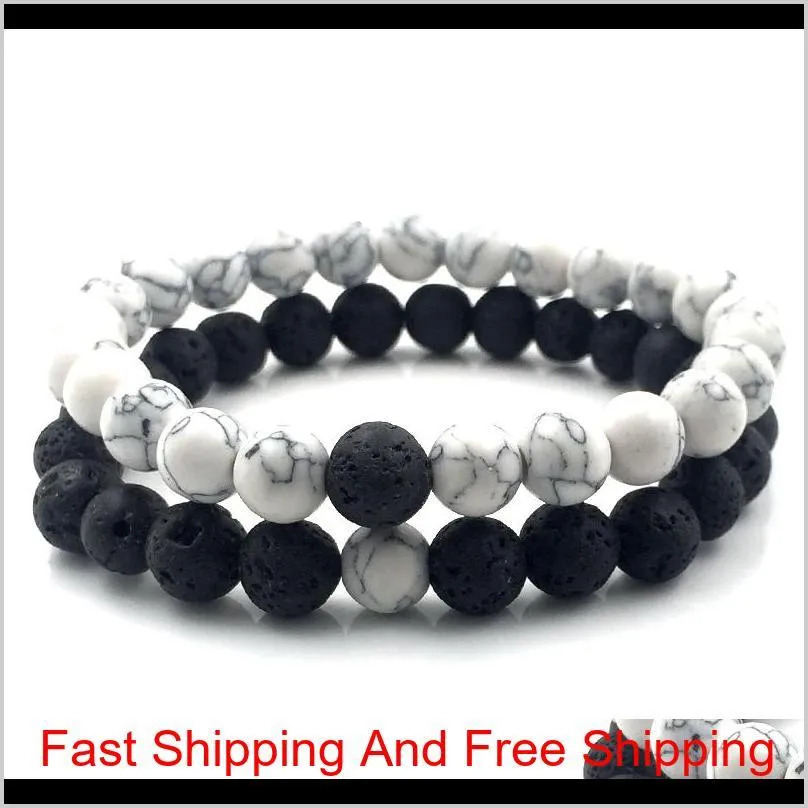 2Pcs/Set 8Mm White Howlite Stone And Volcanic Rock Lava Stone Beads Bracelets Set For Women Men Stretch Jewelry Gift A18038 Yd75Y E5R0E