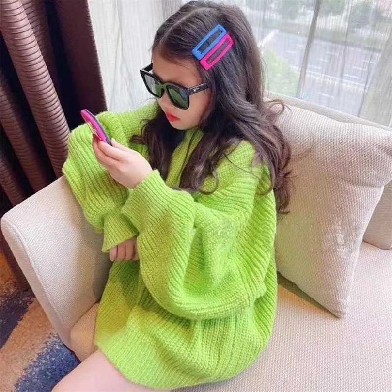 Girls Knitted Sweater Autumn Winter Coat for Candy Color Pullover Loose Fashion Kids Tops 12 13 14 Years Clothes 211104