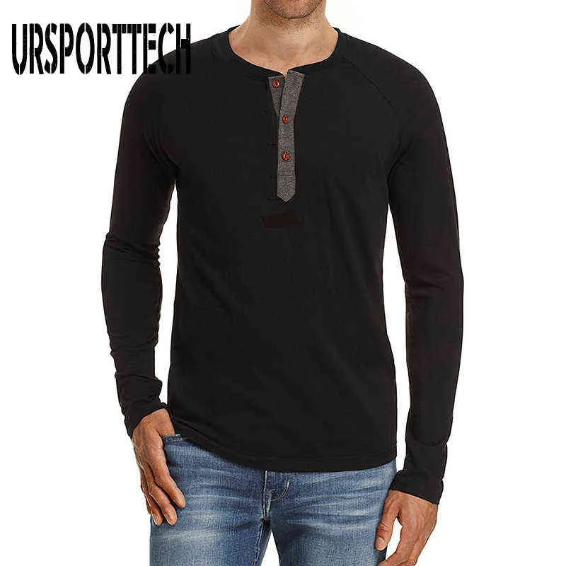 URSportech marca cor sólida camisetas homens primavera outono de manga longa moda botão design magro homens casuais camisetas respirável g1229