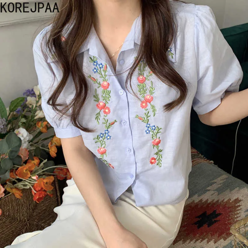 Korejpaa Dames Shirt Zomer Koreaanse Chic Gentle Milk Soft Reving Single-Breasted Losse Puff Sleeve Geborduurde Bloem Blouses 210526