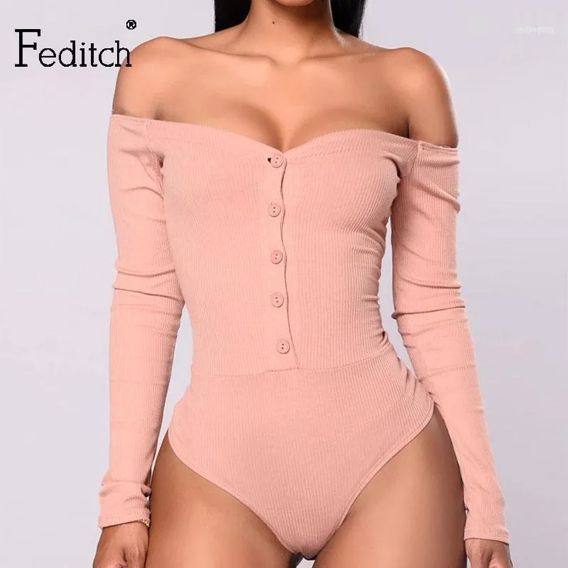 Feditch Schulterfreier, rosafarbener Sexy-Body, lässig, mit Knöpfen, Mantel, dehnbar, für Damen, mit langen Ärmeln, schlanker Club-Party-Overall1