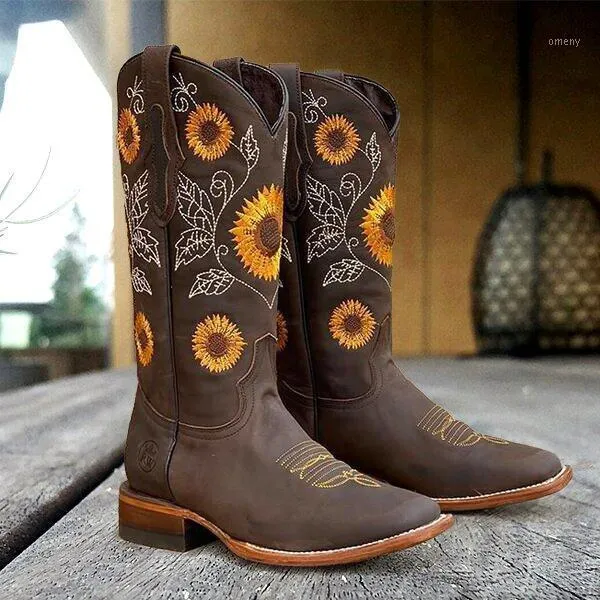 Botas mulheres girassol equitação vaca meninas flores impressas sapatos1