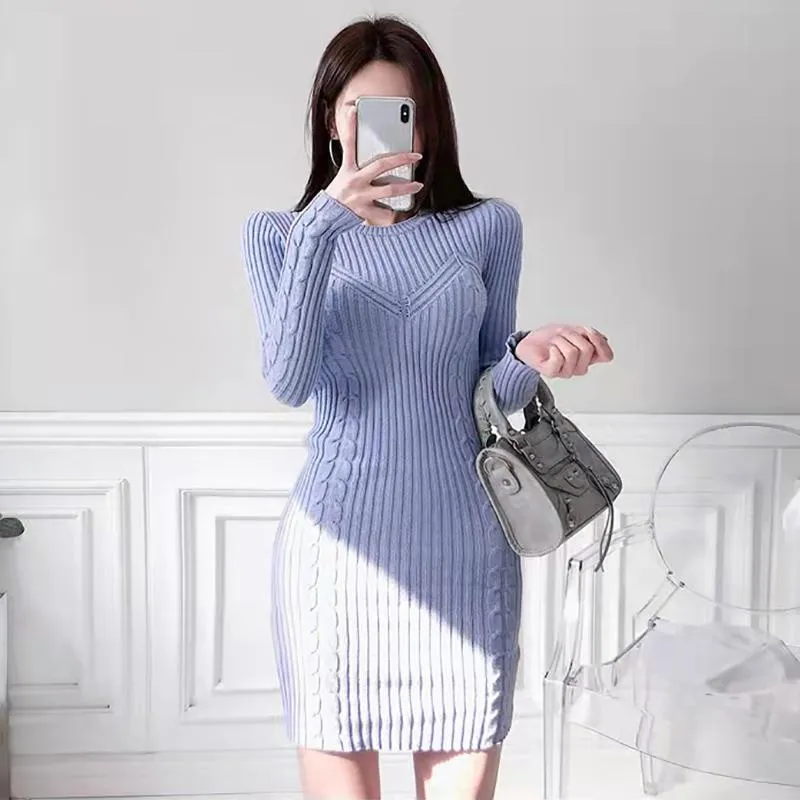 Casual Kleider Herbst Gestrickte Frauen Kleid Solide Rippen Schlank Weiches Gesäß Weibliche Lange Hülse O Neck Mini Stricken Femme