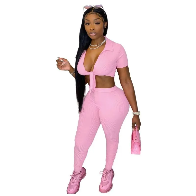 Women's Two Piece Pants Solid Elastic Sporty Casual Outfits Bow Slimming Pit Strip V-neck Suit Summer Tracksuit Women Fitness Matching Set