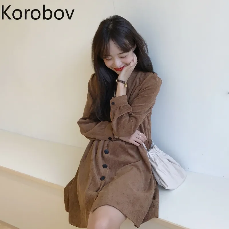 Korobov 한국어 레트로 코듀로이 라인 드레스 여성 V 넥 긴 소매 싱글 유방 Vestido 높은 허리 엉덩이 Ropa 솔리드 210303