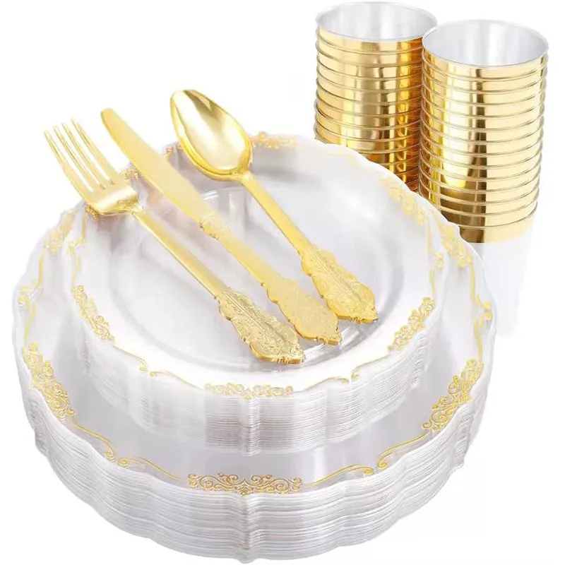Disposable Dinnerware 60 Pcs Of Tableware Golden Rose Gold Plastic Plate With Cup Holder Birthday Wedding Party Supplies